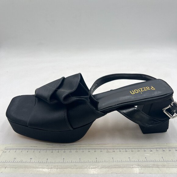 Pazzion Black Satin Platform Square Toe Pleated Ruffle Sandal Block Heel Shoes - Picture 2 of 8